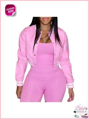 Womens Faux Leather Cropped Varsity Bomber Jacket Snap Button